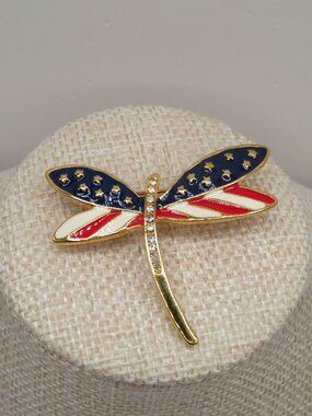 Patriotic Dragonfly Rhinestone Enamel Gold Tone Brooch